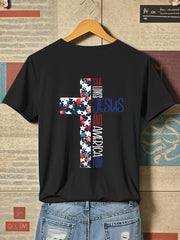 Women's She Loves Jesus And America Too Faith Cross Print O-Neck T-Shirt