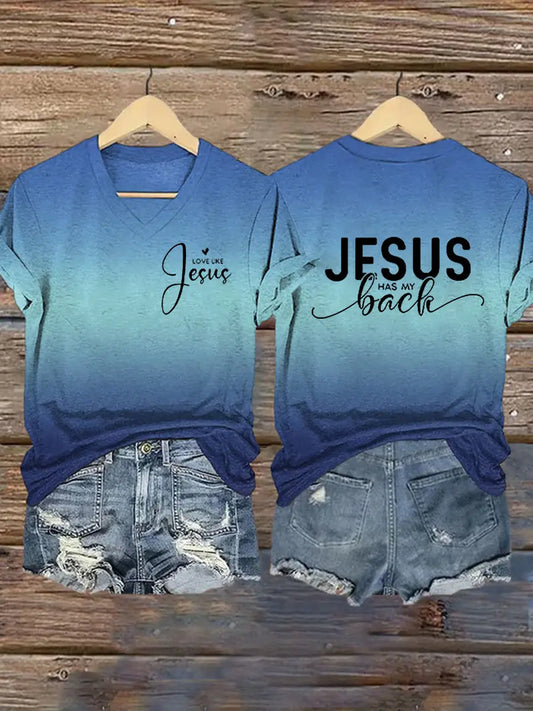 Women's Jesus Has My Back Print V-Neck T-Shirt