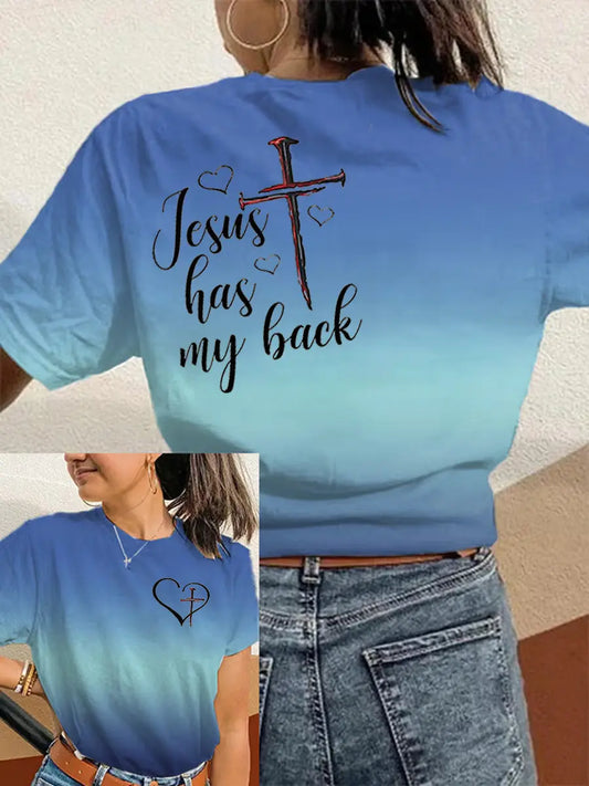Women's Jesus Has My Back Print Round Neck T-Shirt