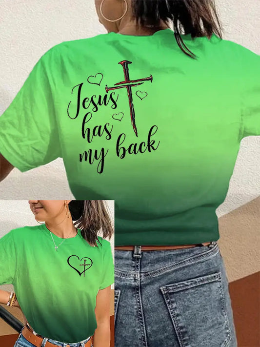 Women's Jesus Has My Back Print Round Neck T-Shirt