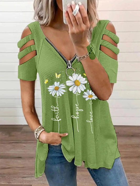 Women's Faith Hope Love Daisy Print Casual V-Neck Zipper T-Shirt