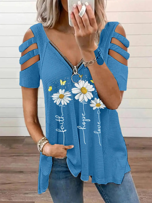 Women's Faith Hope Love Daisy Print Casual V-Neck Zipper T-Shirt