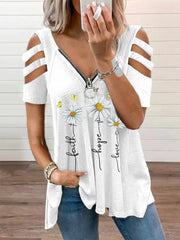 Women's Faith Hope Love Daisy Print Casual V-Neck Zipper T-Shirt