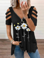 Women's Faith Hope Love Daisy Print Casual V-Neck Zipper T-Shirt