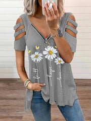 Women's Faith Hope Love Daisy Print Casual V-Neck Zipper T-Shirt