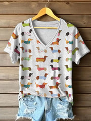 Women's Funny Dachshund Art Print V-Neck T-Shirt