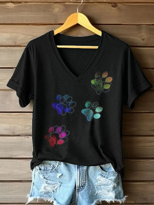 Women's Colorful Paw Print V-Neck T-Shirt