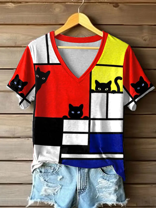 Women's Cat Line Art Print T-Shirt