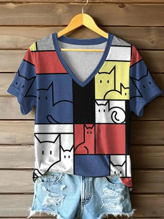 Women's Cat Line Art Print T-Shirt