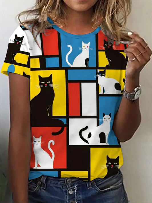 Women's Cat Line Art Print T-Shirt