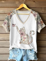 Women's Wildflowers Cat Print Casual T-Shirt