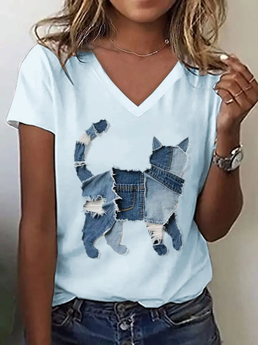 Women's Cute Cat Pattern Patchwork Art V-Neck T-Shirt