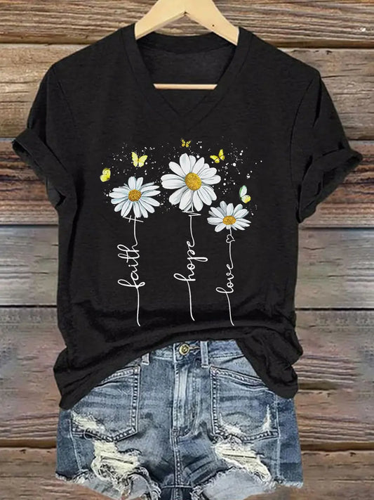 Women's Faith Hope Love Daisy Print Casual V-Neck Tee