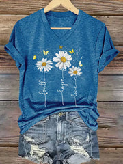 Women's Faith Hope Love Daisy Print Casual V-Neck Tee