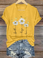 Women's Faith Hope Love Daisy Print Casual V-Neck Tee