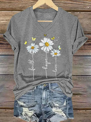 Women's Faith Hope Love Daisy Print Casual V-Neck Tee