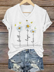 Women's Faith Hope Love Daisy Print Casual V-Neck Tee
