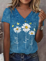 Women's Faith Hope Love Daisy Print Casual V-Neck Tee