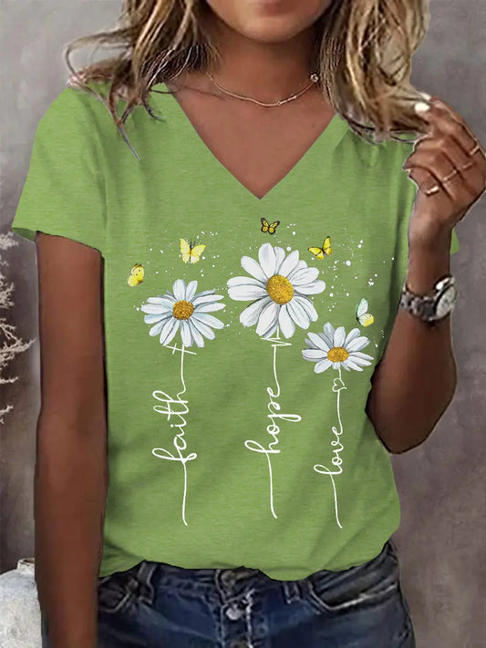Women's Faith Hope Love Daisy Print Casual V-Neck Tee