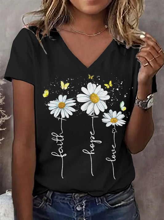Women's Faith Hope Love Daisy Print Casual V-Neck Tee