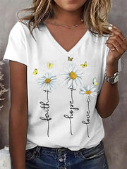 Women's Faith Hope Love Daisy Print Casual V-Neck Tee