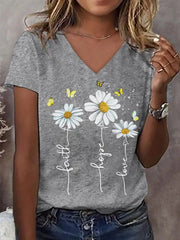 Women's Faith Hope Love Daisy Print Casual V-Neck Tee