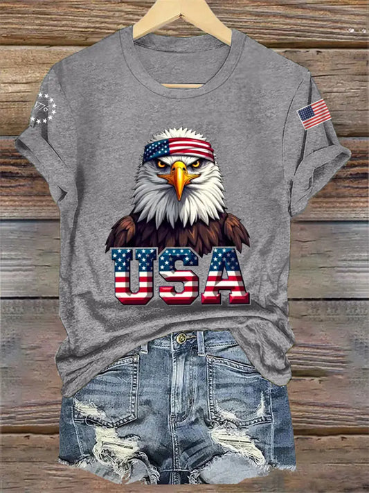 Women's Independence Day USA Flag Bald Eagle Print Casual Tee