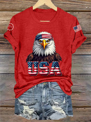 Women's Independence Day USA Flag Bald Eagle Print Casual Tee