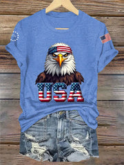 Women's Independence Day USA Flag Bald Eagle Print Casual Tee