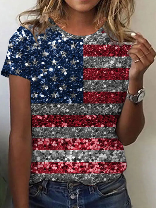 Women's American Flag Sequin Art Print Casual T-Shirt