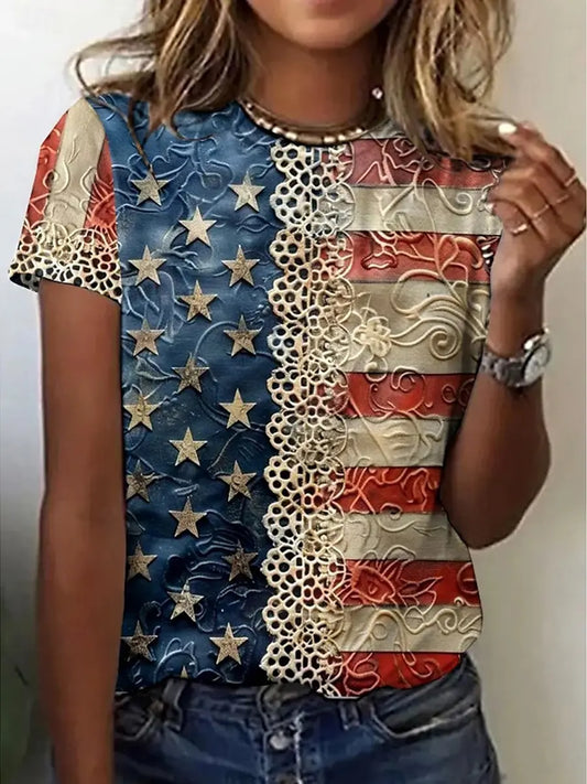 Women's American Flag Lace Art Print Casual T-Shirt