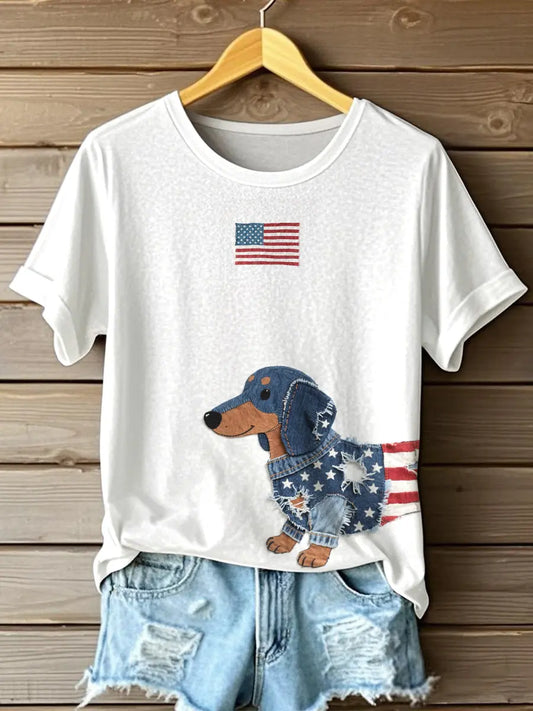 Women's Independence Day Inspired Dachshund Pattern Patchwork Art T-Shirt