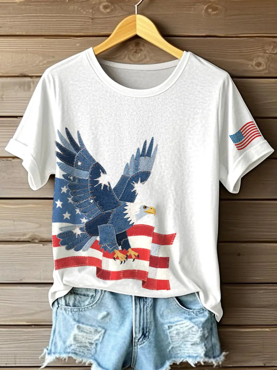 Women's Independence Day Inspired Eagle Pattern Patchwork Art T-Shirt