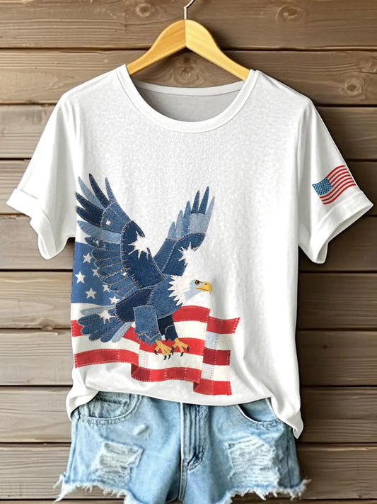 Women's Independence Day Inspired Eagle Pattern Patchwork Art T-Shirt