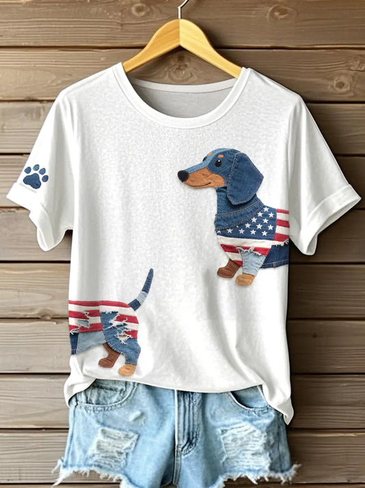 Women's Independence Day Inspired Dachshund Pattern Patchwork Art T-Shirt
