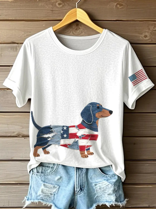 Women's Independence Day Inspired Dachshund Pattern Patchwork Art T-Shirt