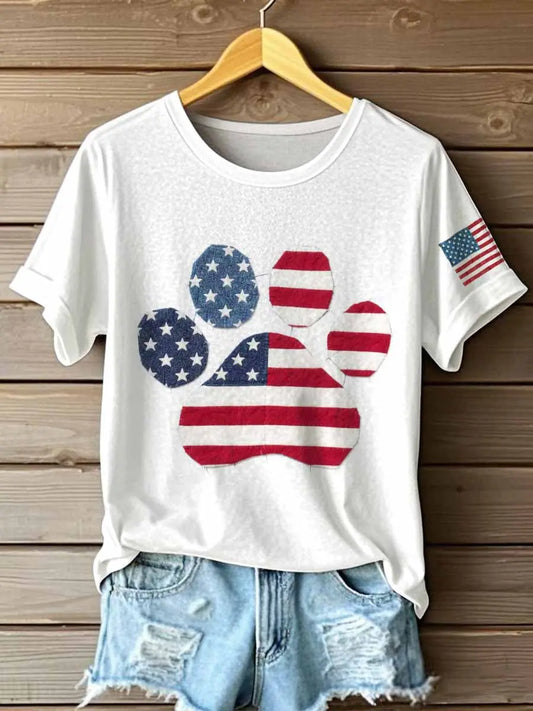 Women's Independence Day Inspired Paw Patchwork Art T-Shirt