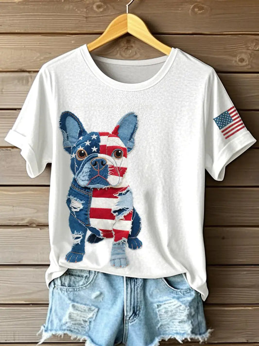 Women's Independence Day Inspired French Bulldog Patchwork Art T-Shirt