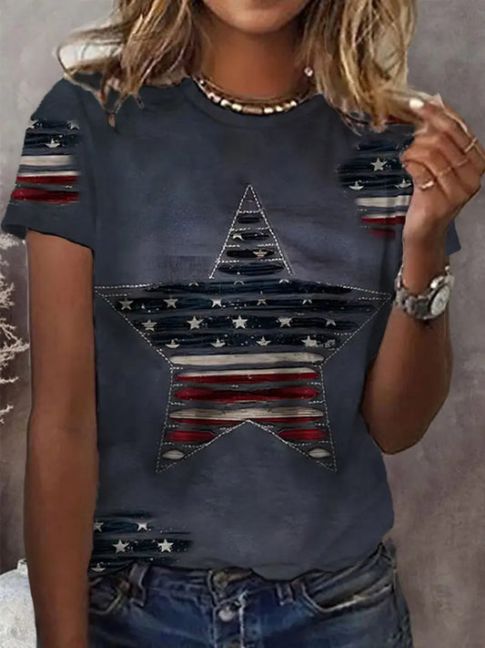 Women's Independence Day USA Flag Star Print Casual Tee