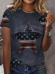 Women's Independence Day USA Flag Star Print Casual Tee