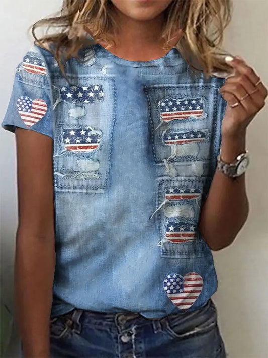 Women's Independence Day Denim Print Flag T-shirt