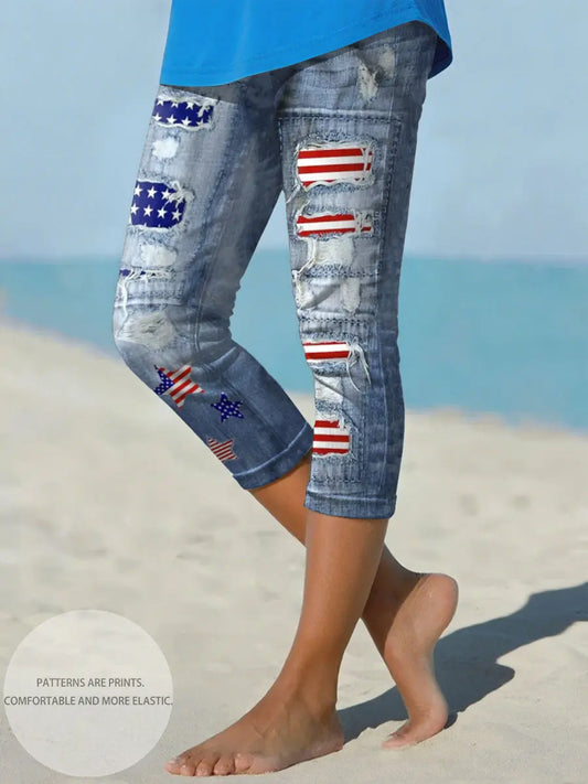 Women's Independence Day Denim Flag Cropped leggings
