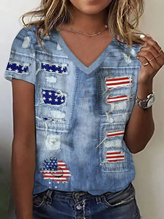 Women's Independence Day Denim Print Flag T-shirt