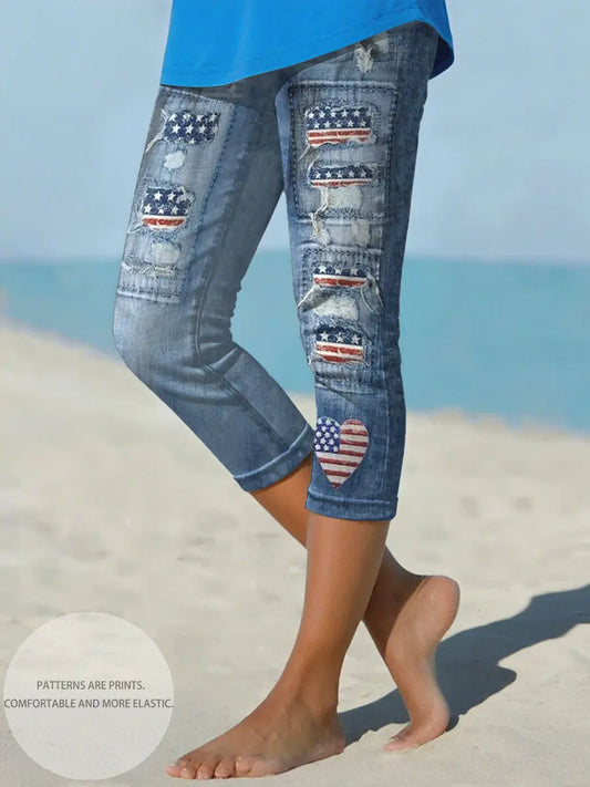 Women's Independence Day Denim Flag Cropped leggings