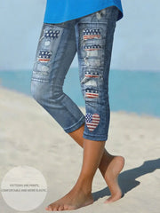 Women's Independence Day Denim Flag Cropped leggings