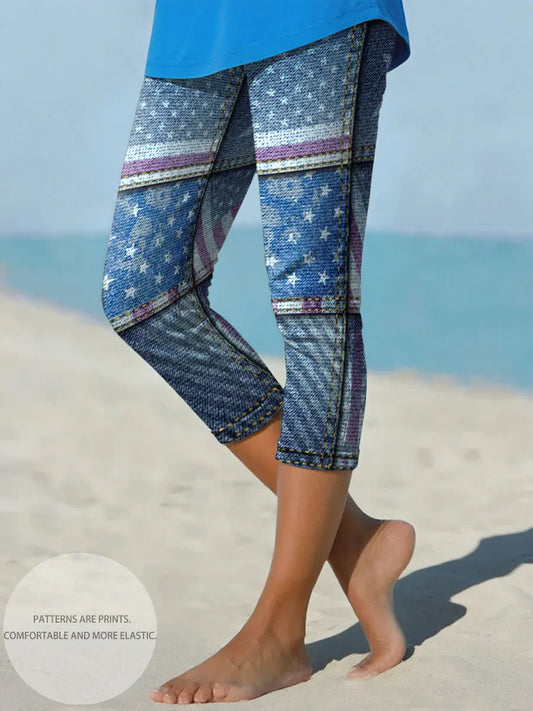 Women's Independence Day Denim Flag Cropped leggings
