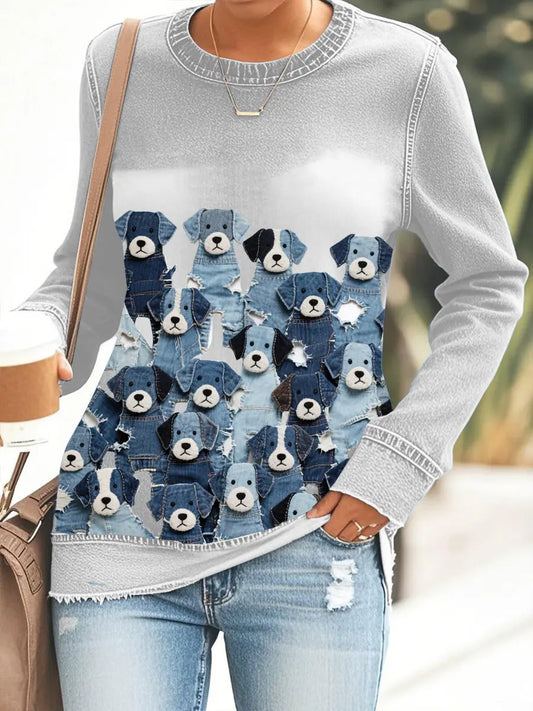 Women's denim dog print sweatshirt