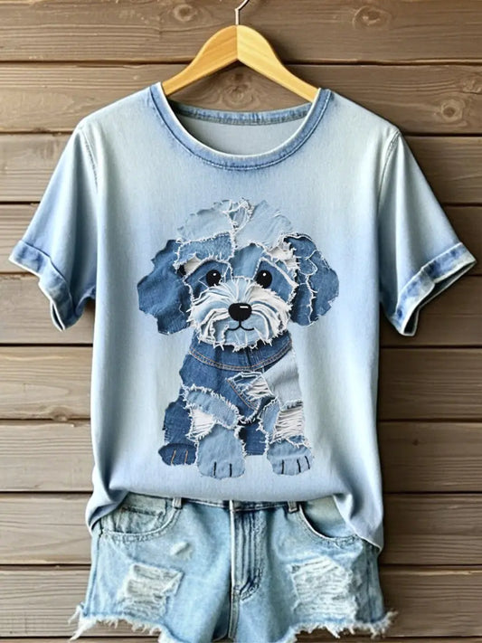 Women's Fluffy Puppy Pattern Patchwork Art T-Shirt