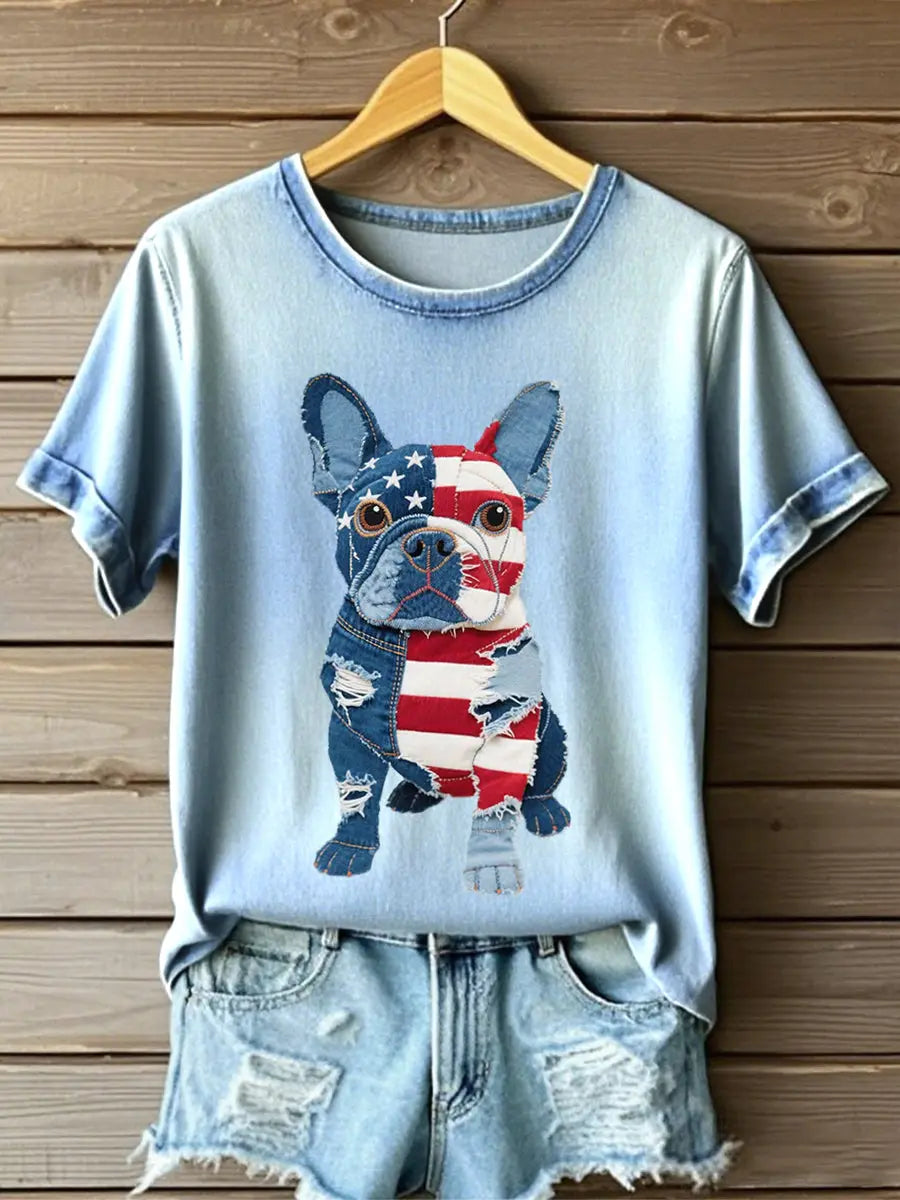 Women's Independence Day French Bulldog Patchwork Art Tee