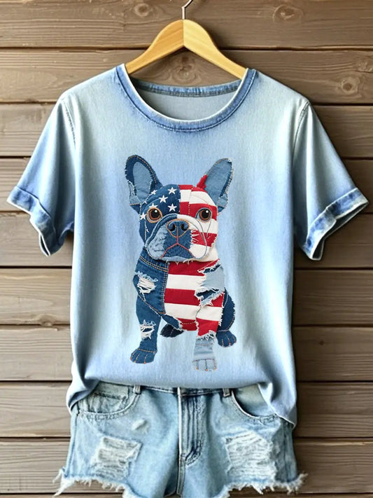 Women's Independence Day French Bulldog Patchwork Art Tee